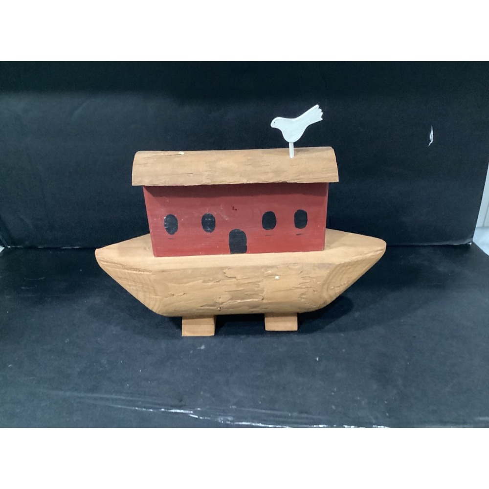 Vintage Hand Carved Folk Art Wooden Bird On Boat Noah's Ark